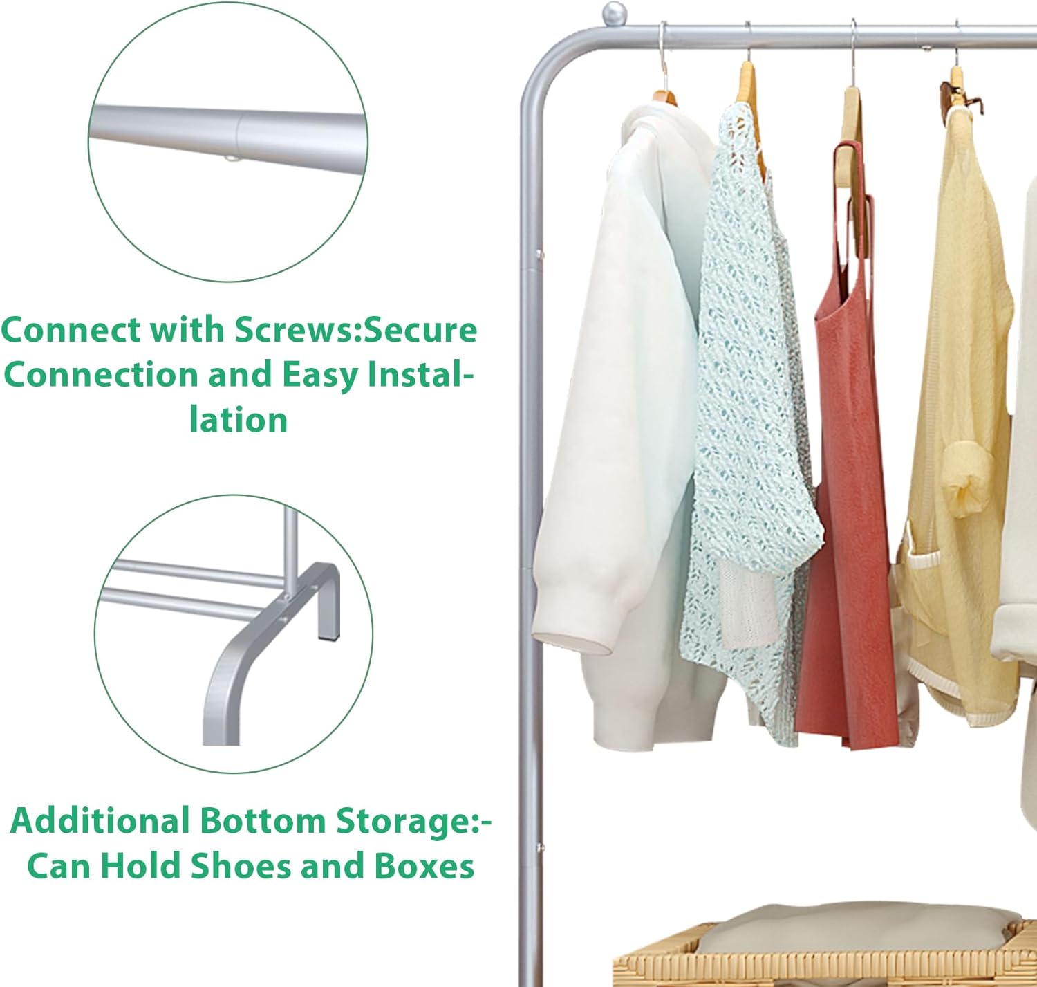 JIUYOTREE Metal Clothing Rack 43.3 Inches Clothes Garment Coat Rack with Bottom Shelf Clothing Rack for Hanging Clothes Coats Skirts Shirts Sweaters Silver Gray